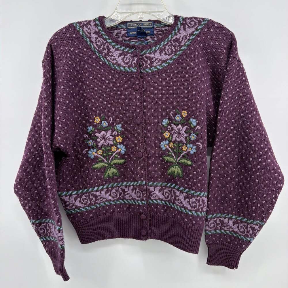 Herman Geist Purple Hand Embroidered Floral Cardigan Sweater Womens L Wool Blend